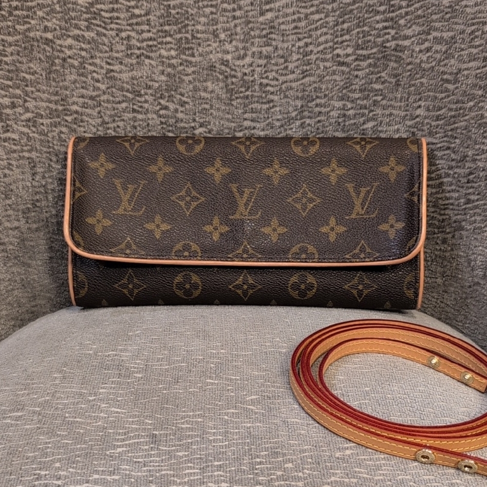 Louis Vuitton Brown Monogram Clutch with Red Strap